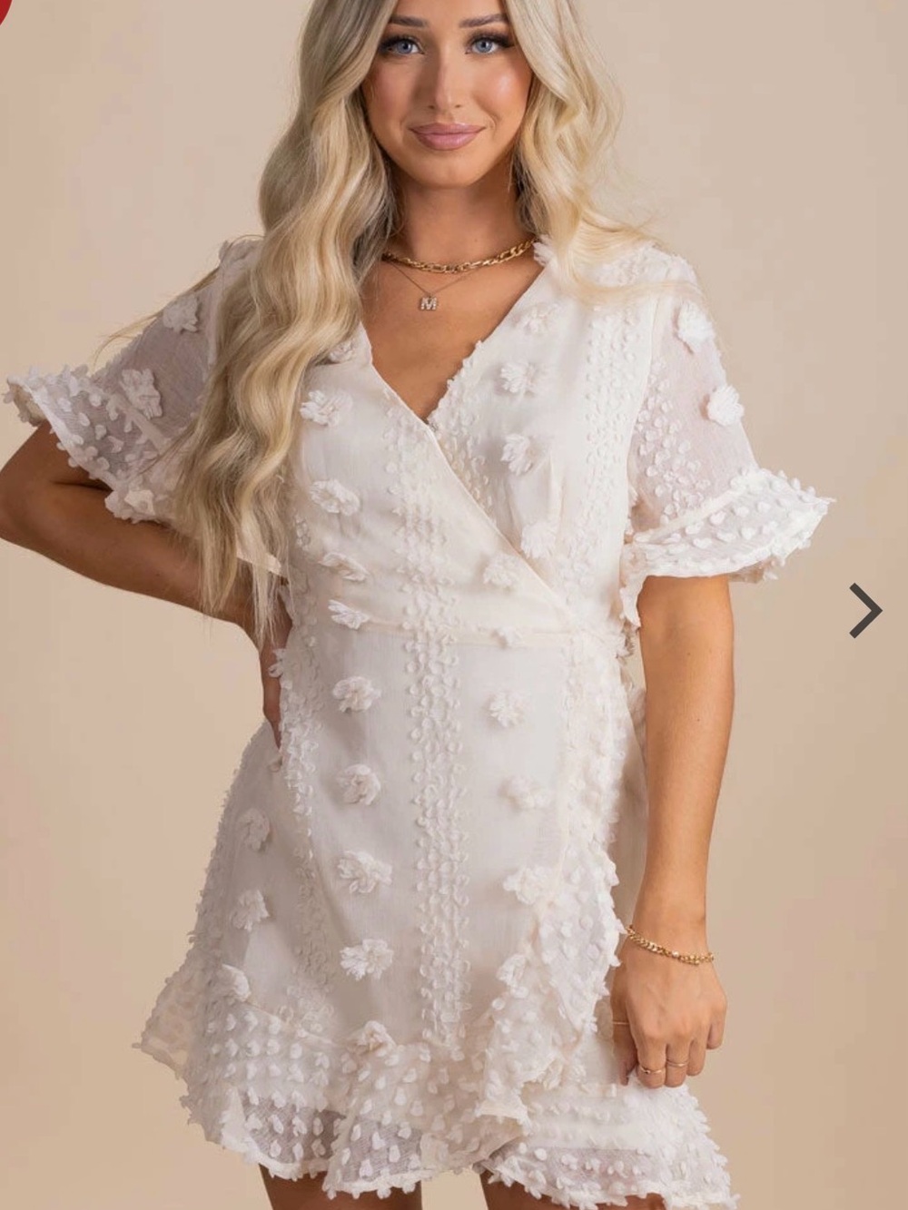 Ivory Pom-Embellished Wrap Mini Dress